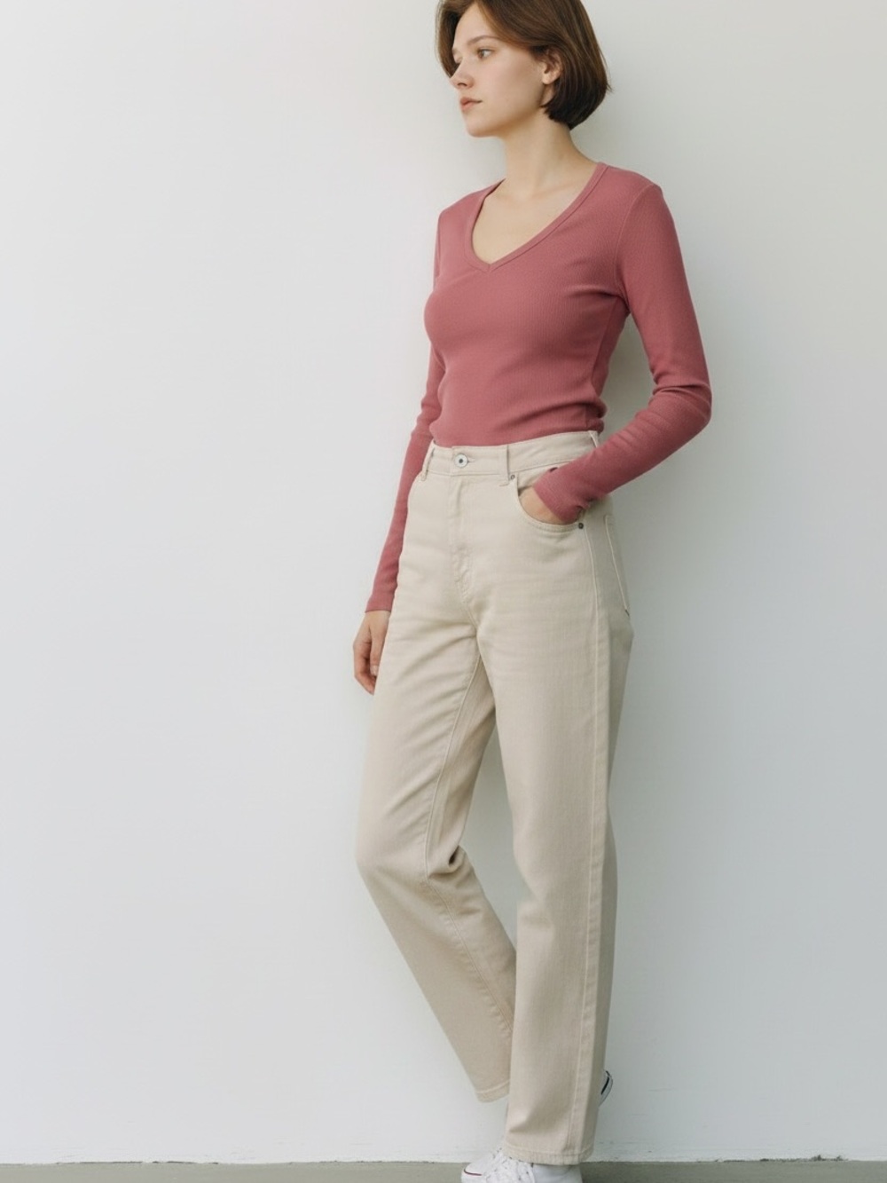 Rose V-Neck Rib Knit Long‎ Sleeve Top
